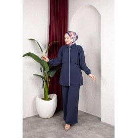 Resim Weak Blue Kadın Tesettür Takım Çift Kat Görünümlü Fermuarlı Tunik Bol Paça Pantolon Moda Kumaş Ikili Takım 