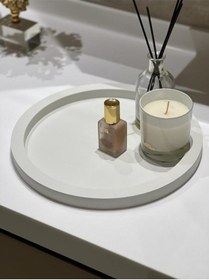 Resim Ahşap Yuvarlak Tepsi Beyaz Rengi Model Dekorasyon Düzenleyici 