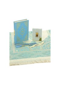 Resim Fransızca Mealli Medine Hatlı Kuranı Kerim Ve Seccade Seti Mavi 