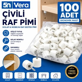 Resim 5N Vera 100 Adet Çivili Raf Pimi Beyaz | Dolap Raf Destek Pimi | Mobilya Raf Tutucu Sabitleme Aparatı 