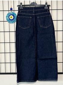 Resim Kadın Yüksek Bel Pamuklu - Likrasız Bilek Boy Denim Etek Lacivert 