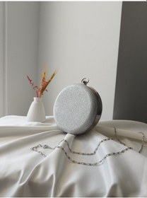Resim Vivazzaluxe Modern Yuvarlak Model Simli Düğün Nişan Gelin Kadın Abiye Clutch Çanta Gümüş 