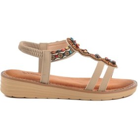 Resim Bej Hakiki Deri Taş İşlemeli Kadın Sandalet 9634 Z Bej 