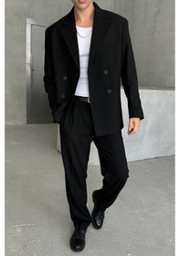 Resim Erkek Oversize Rahat Kalıp Kruvaze Takım Elbise Siyah 