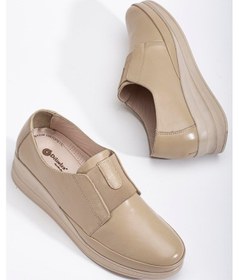 Resim Hakiki Deri Ortopedik Kadın Dolgu Topuklu Ayakkabı Bej Elastik Bantlı Bağsız-3304 Bej 