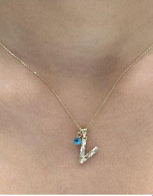 Resim Hakan Güler Kuyumculuk 14 Ayar Altın Nazar Boncuklu V Harfli Zincir 