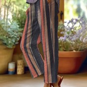Resim Kadınlar için Rahat Çizgili Geniş Bacaklı Pantolon - Yüksek Bel, Hafif Polyester, Canlı Kırmızı, Mavi, Sarı ve Gri Çizgiler, Bahar/Sonbahar Modası için Mükemmel, Günlük Giyim Pantolonları | Canlı Çizgili Tasarım | Akışkan Fit Pantolon 