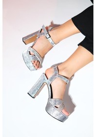 Resim Feles Çapraz 13 Cm Yüksek Platform Topuklu Taşlı Kadın Abiye Ayakkabı Gümüş-çupra 