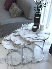 Resim Sedaş 3' Lü Beyaz Mermer Temperli Cam Nikel Gümüş Metal Sehpa Beyaz Mermer 