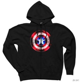 Resim Captain America Sheild Neon Siyah Fermuarlı Kapşonlu Sweatshirt Siyah 