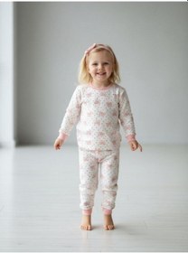 Resim Kız Çocuk Pamuklu Fiyonk Baskılı Pijama Takımı-16833 Pudra 