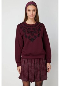 Resim On Fashion Kadın Yakası İşlemeli Bordo Sweatshirt 66357 Bordo 
