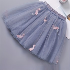 Resim Kızların Açık Mavi File Tutu Etek, Pembe Flamingo Nakışlı - Esnek Bel, Uçan Kollu, Prenses Tarzı Tüm Mevsimler İçin, Tüm Mevsim Etekleri|Oyun Sever Tasarım|Esnek Olmayan Kumaş 