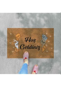 Resim Hoş Geldiniz Yazılır Temalı Kedili Dekoratif Dış Kapı Önü Ve Iç Mekan Paspası Kahve - Krem 