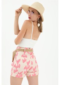 Resim Wpr Hasır Kemer Baskılı Keten Şort - Pembe-pembe Pembe 