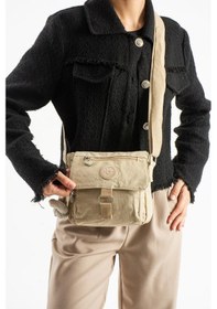 Resim Mini Boy Kadın Postacı Omuz Çantası Çapraz Askılı Hafif Su İtici Kumaş 20 20 Cm Çok Cepli Krem 