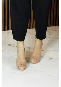 Resim Erkan Saçmacı Carolina Ten Vegan Önü Açık Yuvarlak Burun Kalın Platform Topuklu Abiye Ayakkabı Ten 