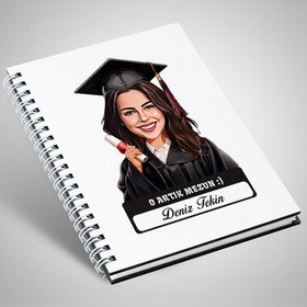 Resim Karikatürlü Üniversiteli Kız Öğrenci Mezuniyet Defter 