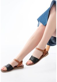 Resim 205-012 Siyah Ortopedik Hakiki Deri Kadın Sandalet Altın - Taba 