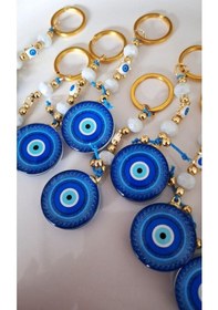 Resim Hediyelik Nazar Boncuklu Bayaz Kristal Boncuklu Mavi Anahtarlık - Çanta Süsü - Çanta Charmı 11,5cm 