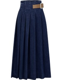 Resim Kemer Detaylı Pileli Lacivert Denim Etek - 38 