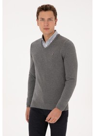 Resim U.S. Polo Assn. Erkek Slim Fit V Yaka Gri Melanj Basic Kazak 50313668-VR086 