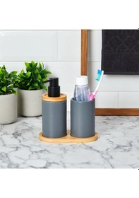 Resim Bambu Standlı Seramik İkili Banyo Seti Gri 