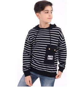 Resim Toontoy Kids Toontoy Erkek Çocuk Oversize Kapüşonlu Düşük Omuz Baskılı Çizgili Sweatshirt - Garni Detaylı & 2 İplik Siyah 