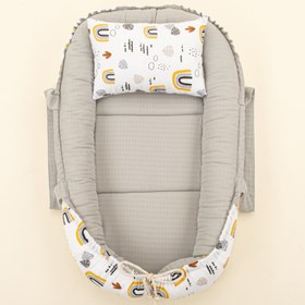 Resim Babynest ve Yastık - Çift Taraflı - Açık Gri Muslin - Hardal Gökkuşağı 