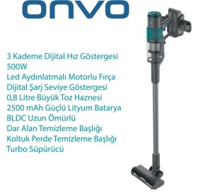 Resim Onvo Kablosuz 500W Dikey Süpürge, Turkuaz Renkli, Hafif ve Güçlü Temizlik Aracı 