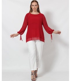 Resim 3243 Kolu Taş Baskılı Şık Bluz Kırmızı 001 