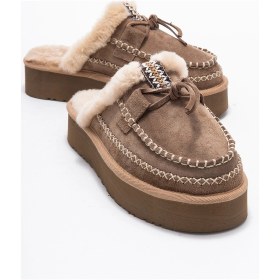 Resim Yalına Kum Süet Hakiki Deri Dikişli Kürklü Kadın Platform Tabanlı Makosen Terlik Kum 