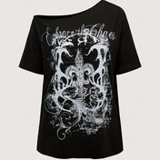 Resim Y2K Esintili Vintage Punk Tarzı Kadın T-Shirt'ü, Omuz Açık Tasarım, Bol Kesim & Bitki Baskı - Nefes Alabilen Polyester Karışımı, Makinede Yıkanabilir 