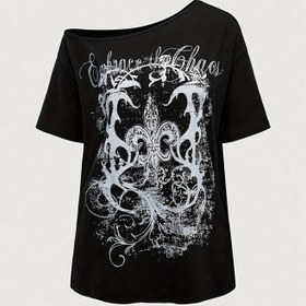 Resim Y2K Esintili Vintage Punk Tarzı Kadın T-Shirt'ü, Omuz Açık Tasarım, Bol Kesim & Bitki Baskı - Nefes Alabilen Polyester Karışımı, Makinede Yıkanabilir 