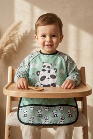 Resim Bebechi Panda Desenli Sıvı Geçirmez Kollu Mama Önlüğü 6-24 Ay - Blw Uyumlu, Leke Tutmayan Bebek Etkinlik Önl 