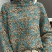 Resim Kadınlar İçin Turkuaz & Altın Geometrik Desenli Kazak - Şık Balıkçı Yaka, Her Mevsim Kullanılabilir, Klasik ve Resmi Giyim Aksesuarı, Detaylı Örgü Kazak 