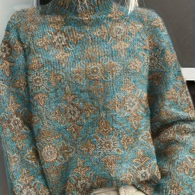 Resim Kadınlar İçin Turkuaz & Altın Geometrik Desenli Kazak - Şık Balıkçı Yaka, Her Mevsim Kullanılabilir, Klasik ve Resmi Giyim Aksesuarı, Detaylı Örgü Kazak 