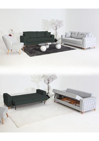 Resim Nola Koltuk Takımı 3+3+1+1 & Bazalı Yataklı Koltuk & Kanepe - Keten Gri-koyu Yeşil 