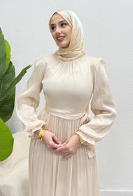 Resim Tesettür Diyarı Siora Kuşaklı Janjan Kumaş Tesettür Abiye- Krem 