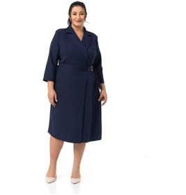 Resim Büyük Beden Kruvaze Yaka Truvakar Kol Pileli Midi Lacivert Elbise Lacivert 