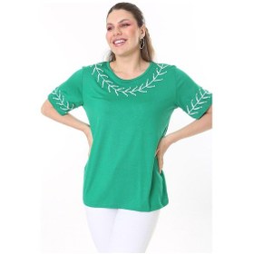 Resim Kadın Büyük Beden Beyaz İnci Ve Nakış Detaylı Kısa Kollu Bluz 65n37677-yeşil Yeşil 