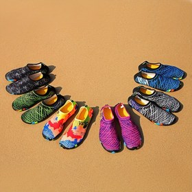 Resim Hızlı Kuruyan Kadın Çıplak Su Ayakkabıları - Nefes Alabilir ve Hafif, Çizgili Desenli, Tüm Mevsimler İçin Kumaş, Yüzme, Plaj, Yürüyüş, Kapalı Fitness ve Voleybol, Kauçuk Taban, Su Ayakkabıları, Sarı Üst Rastgele, Kayışlı Çıplak 