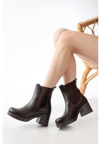 Resim 5109-3056 Kahverengi Lastikli Kalın Topuklu Günlük Kadın Bot Beyaz 