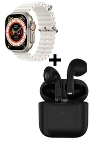 Resim pazariz Gs8 Watch 8 Ultra Akıllı Saat Beyaz Watch + Siyah Pro4 Benzeri Bluetooth Kulaklık Hediye 