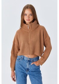 Resim Mixray 6752 Kadın Crop Fermuarlı Kazak Camel 