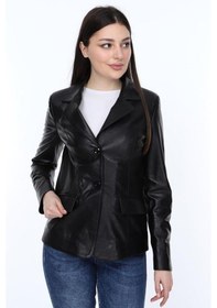 Resim Deriwork Hakiki Deri Siyah Düğmeli Silva Kadın Ceket Siyah 