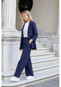 Resim Jument Kadın İpeksi Dokulu Modal Kumaş Yakalı Cep Kapaklı Oversize Salaş Blazer Ceket-lacivert 