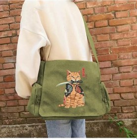 Resim Killer Cat Baskılı Unisex Yeşil Postacı Çantası Haki 