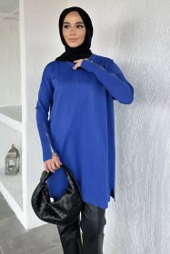 Resim Gülseli Kol Fermuar Detaylı Tesettür Triko Tunik Saksmavisi TZL-P-00020679 