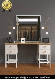 Resim B3 Concept Retro Serisi Özel Tasarım Dört Çekmeceli 1. Kalite Lüks Makyaj Masası Beyaz - Safir Meşe 